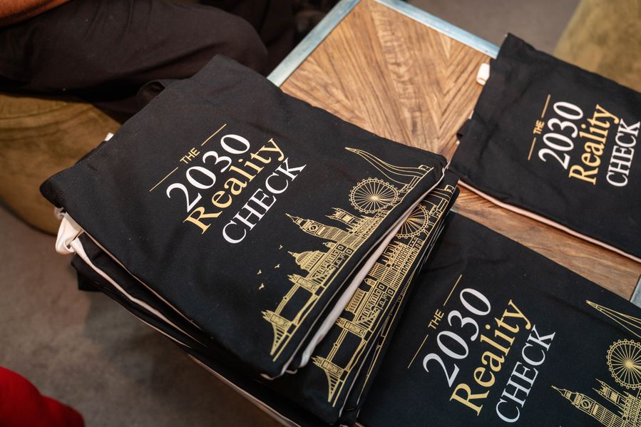 The 2030 Reality Check branded tote bags
